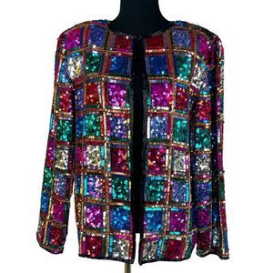 Vintage Rina Z Beaded Sequin Jacket 100% Silk Window Pane Boxy Cardigan …